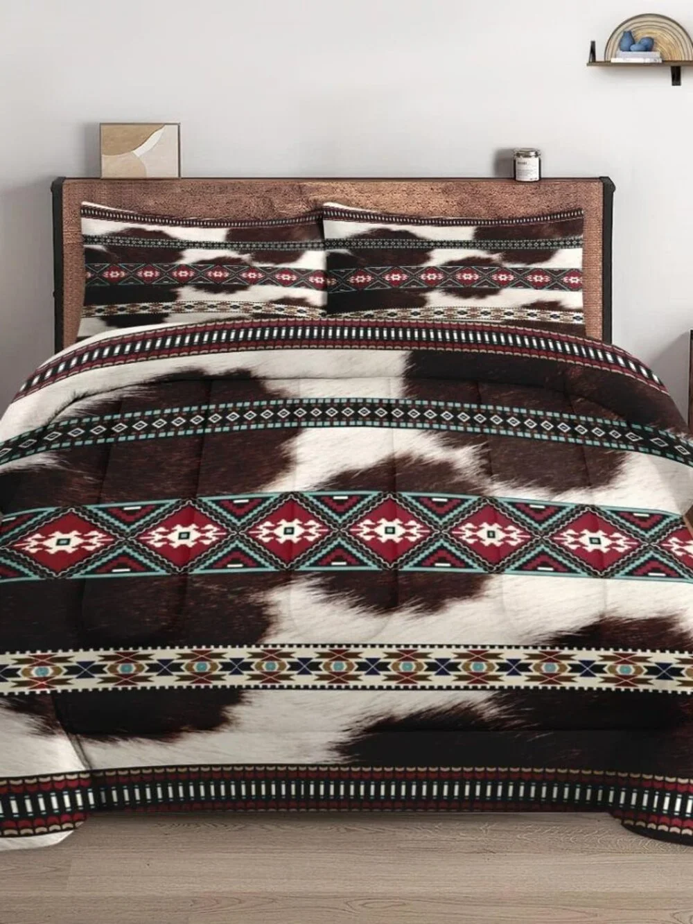 Queen Comforter Set, 3 Pieces Cowhide Cow Bedding, All Season | Western Vintage